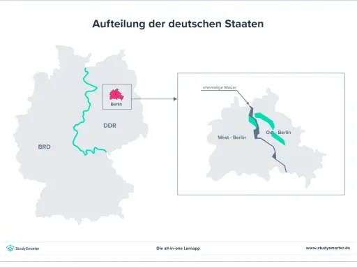 Karte zeigt die Teilung Deutschlands in BRD und DDR, mit Berlin als geteilter Stadt, die von der ehemaligen Mauer durchzogen ist.