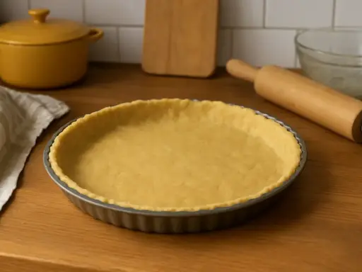 Une pâte brisée sans beurre, prête à être garnie, repose dans un moule à tarte. Un rouleau à pâtisserie et une serviette sont à proximité.