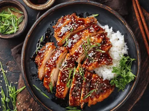 Saftiges Hähnchen Teriyaki, glasiert und mit Sesam bestreut, serviert mit Reis und Frühlingszwiebeln.