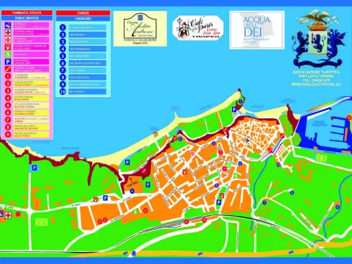 Mappa di Vibo Valentia Tropea con indicazioni per servizi pubblici, chiese, ristoranti e porto turistico.
