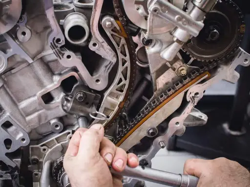 Mechanik pracuje przy rozrządzie silnika. Wymiana poduszki silnika może być konieczna, gdy pojawią się objawy takie jak wibracje.