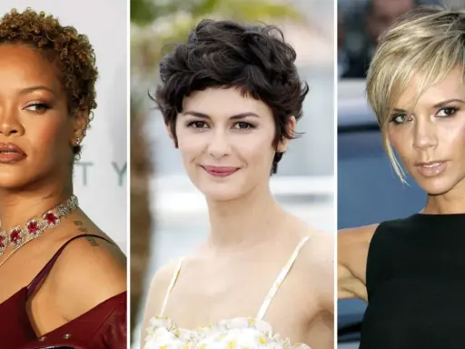 Tres mujeres con un corte pixie medio: Rihanna con rizos rubios, Audrey Tautou con pelo oscuro y ondulado, y Victoria Beckham con un rubio asimétrico.