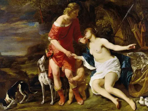 Piękny Adonis, w otoczeniu psów i amorka, żegna się z ukochaną.