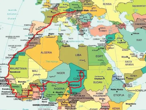 Trasa podróży przez Afrykę i Bliski Wschód, zaznaczona na mapie. Widoczna jest **kamerun mapa** z zaznaczonymi miastami i granicami państw.
