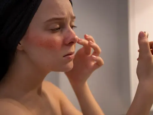 Zmartwiona dziewczyna z czerwienicą na twarzy dotyka nosa, zastanawiając się nad pielęgnacją.