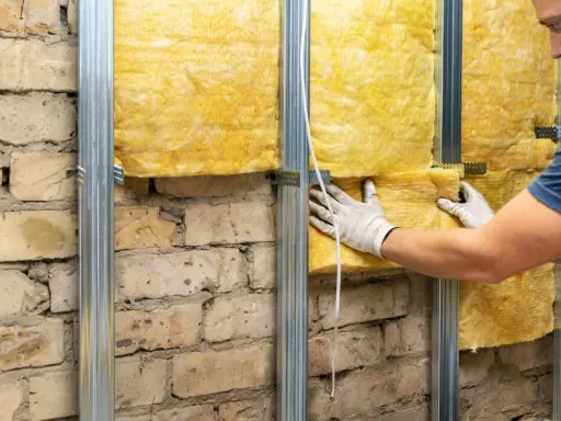 Pose d'isolant jaune sur une structure métallique fixée à un mur de briques. L'isolation intérieure est en cours.