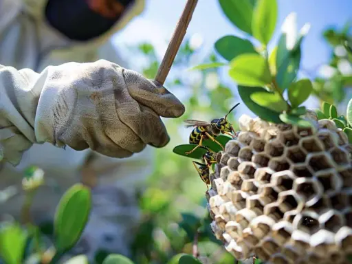 Gant de protection et bâton s'approchent d'un bourdon nid sur une branche. Les guêpes sont actives.