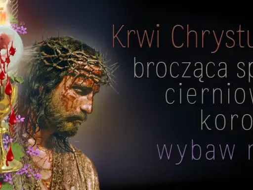 Obraz przedstawia cierniem ukoronowanego Jezusa, kielich z krwią i napis "Krwi Chrystusa, brocząca spod cierniowej korony, wybaw nas". Symbolizuje akt zawierzenia Jezusowi.