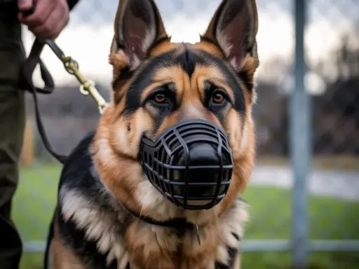 Berger allemand muselé, tenu en laisse. Un outil pour savoir comment faire lâcher un chien qui attaque.