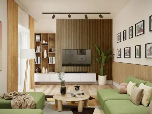 Nowoczesny salon z zieloną kanapą i stolikiem kawowym. Ściana za telewizorem ozdobiona jest pionowymi lamelami, które nadają wnętrzu ciepła i elegancji.