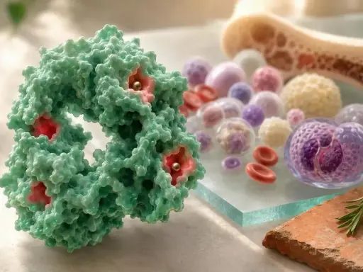 Struttura molecolare verde con centri rossi e dorati, circondata da globuli rossi e cellule, suggerisce saturazione della transferrina bassa.