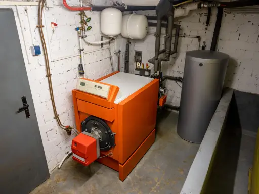 Chaudière orange vif, réservoir d'eau gris et tuyaux dans une chaufferie. Le système de chauffage fioul est prêt pour l'hiver.