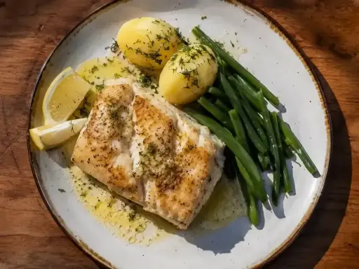 En tallrik med saftig torskrygg, kokt potatis, gröna bönor och citronklyftor. Perfekt för ett enkelt torskrygg recept.
