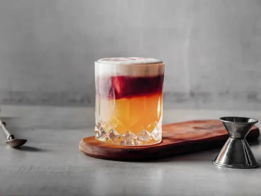 Ein New York Sour mit schichtweisem Rotwein, Whiskey und Schaum. Daneben ein Jigger und ein Barlöffel.