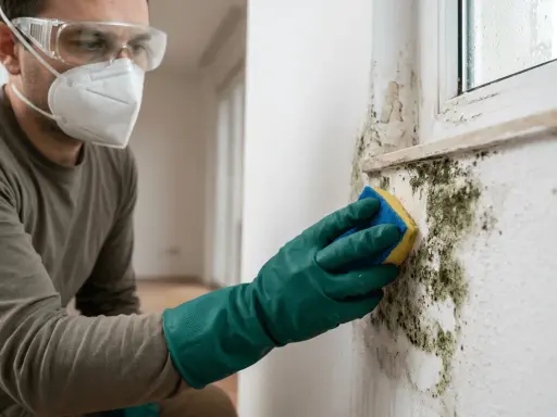 Hombre con mascarilla y guantes verdes limpiando moho de la pared con una esponja. Aprende como quitar el moho de la pared.