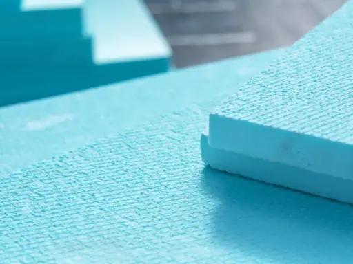 Blauer Styrodur wird für Dämmzwecke vorbereitet. Das Schleifen sorgt für eine glatte Oberfläche.
