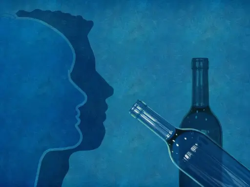 Dwie sylwetki ludzkie patrzą na siebie. Obok butelki, symbolizujące alkohol, którego nie wolno jeść przy esperalu.