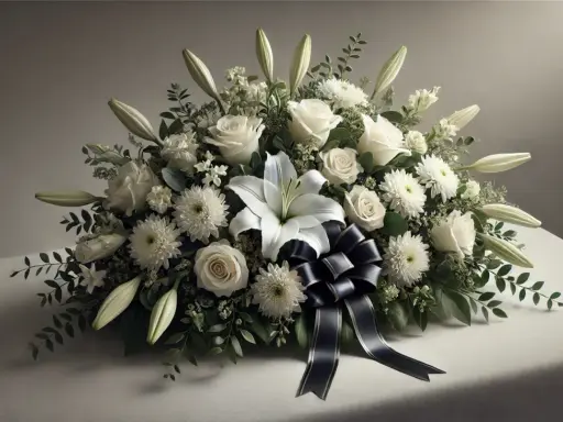 Elegancki bukiet na pogrzeb z białych róż, lilii i chryzantem, ozdobiony granatową wstęgą.