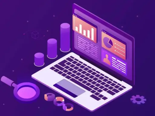 Laptop z wykresami i lupą, symbolizujące analizę danych w trendy ecommerce.