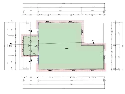 Grundriss eines Gartenhauses mit Raum 1 und Raum 3. Der Plan zeigt Maße und Details, um das Gartenhaus plan zeichnen zu können.