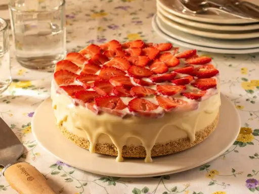 Deliciosa tarta de frutas cubierta de fresas frescas y glaseado blanco cremoso.