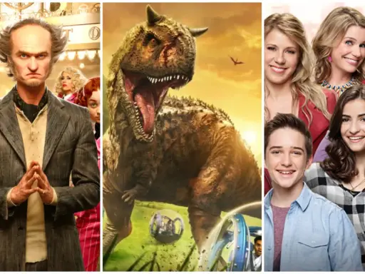 Montaje de series para niños de 10 a 12 años: un villano siniestro, un dinosaurio rugiente y un grupo de sonrientes adolescentes.