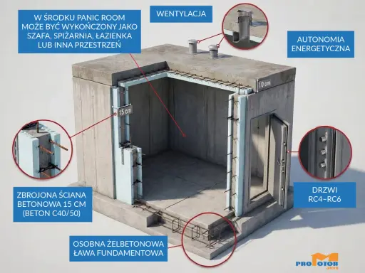 Schemat pokazuje, jak zbudować schron z żelbetową ławą, zbrojonymi ścianami i drzwiami RC4-RC6. W środku może być panic room.
