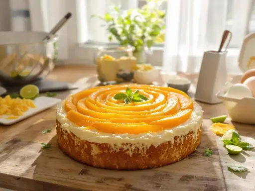 Gâteau sans farine de blé, décoré de rondelles de pêche disposées en spirale et d'une touche de menthe. Des ingrédients comme des œufs et des citrons verts sont visibles sur la table.
