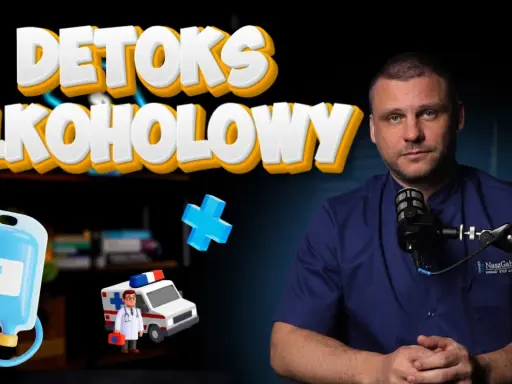 Lekarz wyjaśnia, jak wyjść z ciągu alkoholowego. W tle grafiki: kroplówka, karetka, niebieski krzyż.