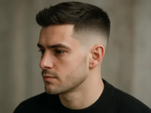 Homme avec des cheveux épais, coiffure dégradée moderne.