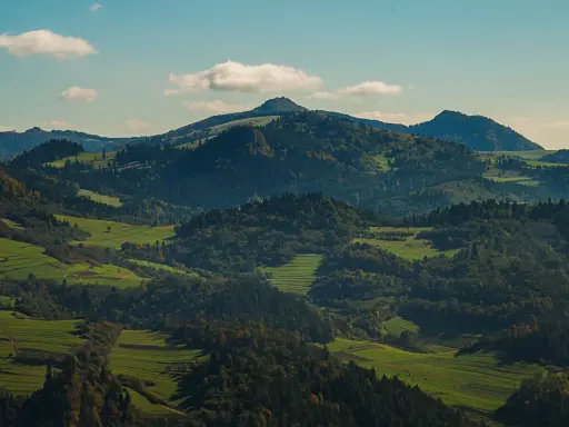 Wysokie Pieniny w jesiennej szacie, zielone pola i lasy tworzą malowniczy krajobraz.