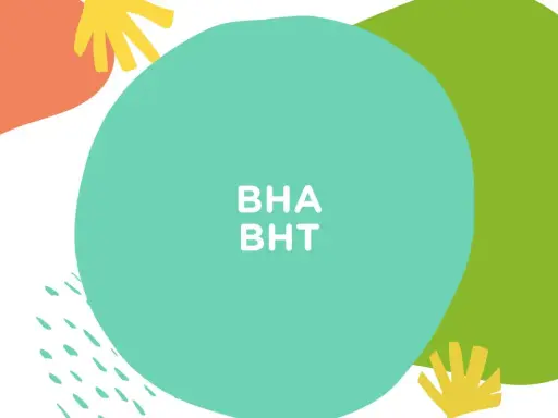 Kolorowe kształty i tekst "BHA BHT" na tle. Składniki kosmetyków, które warto znać.