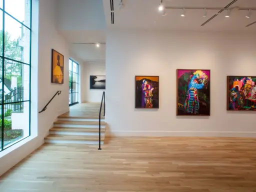 Vibrant artworks adorn the walls of Jackson Fine Art Atlanta, with a large window offering a glimpse of the lush greenery outside.