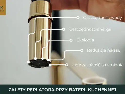Złoty perlator przy baterii kuchennej. To co to jest perlator? Oszczędza wodę, energię, jest ekologiczny, redukuje hałas i poprawia strumień.