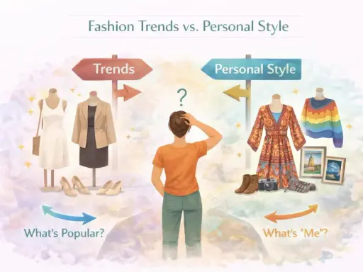 A person ponders how to find your style, choosing between fashion trends and personal style.