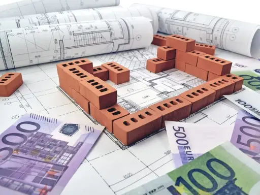 Plans de maison, briques et billets en euros symbolisant le prix construction maison 150m2.