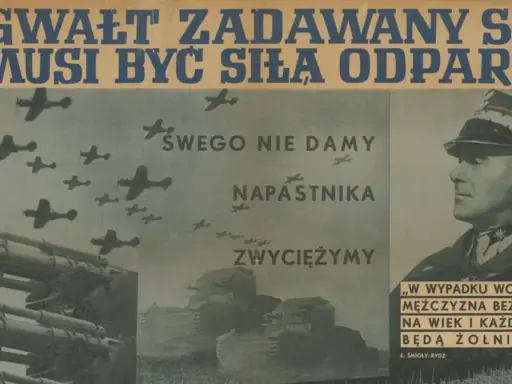 Polskie plakaty propagandowe 1939: "Gwałt zadawany siłą, musi być siłą odparty". Widoczne samoloty, czołgi i artyleria.