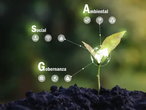 Planta joven con globo terráqueo y conceptos de **inversión ESG**: Social, Ambiental y Gobernanza, simbolizando crecimiento sostenible.