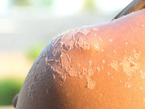 Peau qui pèle après un coup de soleil. La guérison peut prendre plusieurs jours, voire une semaine.
