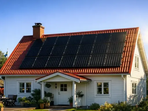 Vitt hus med solpaneler på taket. Ett takfäste med krok håller panelerna stadigt på plats.