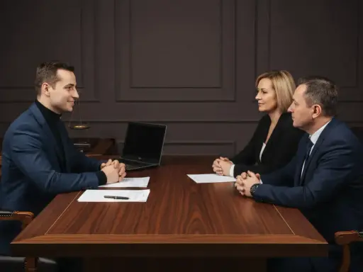 Trzy osoby przy stole dyskutują. Czy to kupujący załatwia notariusza, czy sprzedający?