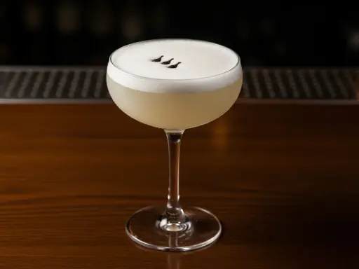 En elegant Pisco Sour med skummig topp och tre små prickar. Perfekt för ett pisco sour recept.