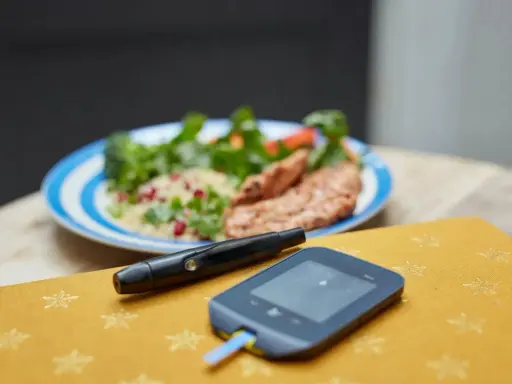 Glukometr i posiłek na talerzu. Zastanawiasz się, dlaczego masz wysoki cukier na czczo?