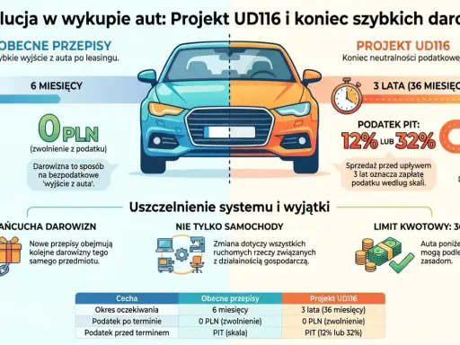 Porównanie przepisów dotyczących sprzedaży samochodu po leasingu: obecne i projekt UD116. Nowe zasady wydłużają okres oczekiwania i wprowadzają podatek PIT.