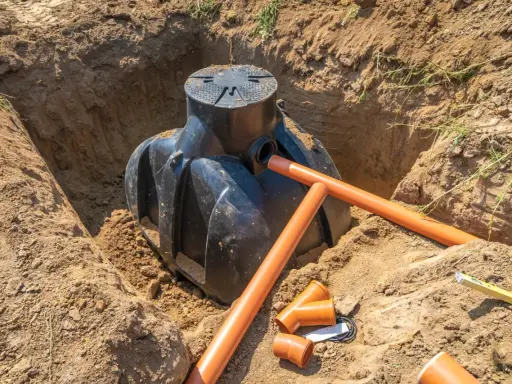Instalacja szamba w wykopie. Pomarańczowe rury drenarskie i przyłącza czekają na montaż. Trwa praca nad tym, na jakiej głębokości drenaż odwadniający będzie skuteczny.