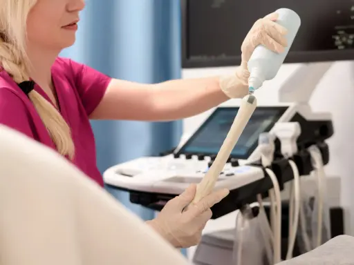 Lekarka przygotowuje sondę USG, aplikując żel. Badanie oceni m.in. grubość endometrium normy.