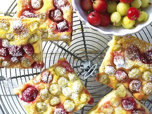 Saftiger Omas Stachelbeerkuchen, bestäubt mit Puderzucker, auf einem Gitter. Daneben eine Schale mit frischen Stachelbeeren.