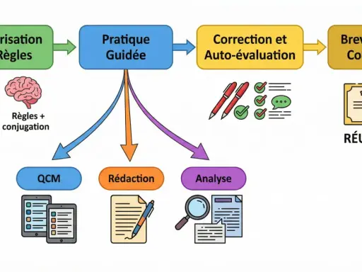 Schéma du parcours d'apprentissage : mémorisation, pratique guidée (QCM, rédaction, analyse), correction, auto-évaluation, et succès au Brevet des Collèges. Le bon timing est essentiel.
