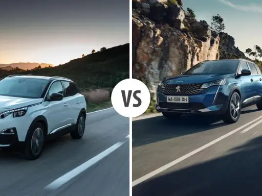 Biały i niebieski Peugeot SUV jadące po krętych drogach.
