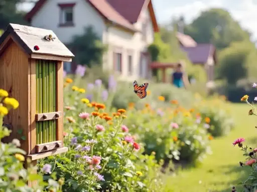 Maisonnette en bois pour insectes auxiliaires, avec un papillon monarque volant au-dessus d'un jardin fleuri.